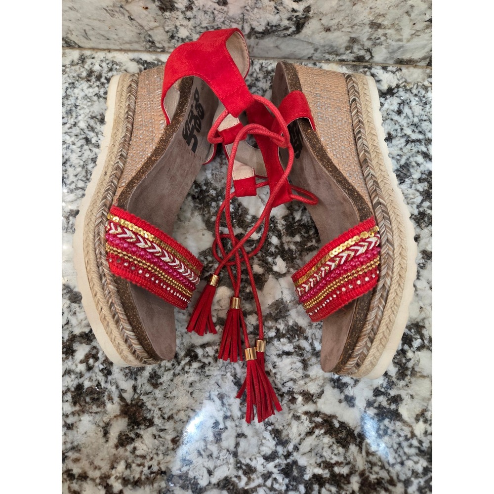 Refresh Red Boho Beaded Espadrille Wedge Sandals Ankle Tie Tassel 40 EU 9.5 US - Picture 5 of 13